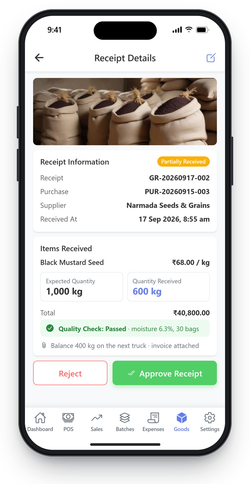 Mobile goods receipt for a partial delivery of black mustard seed with expected and received quantities, a passed quality check and approve and reject buttons