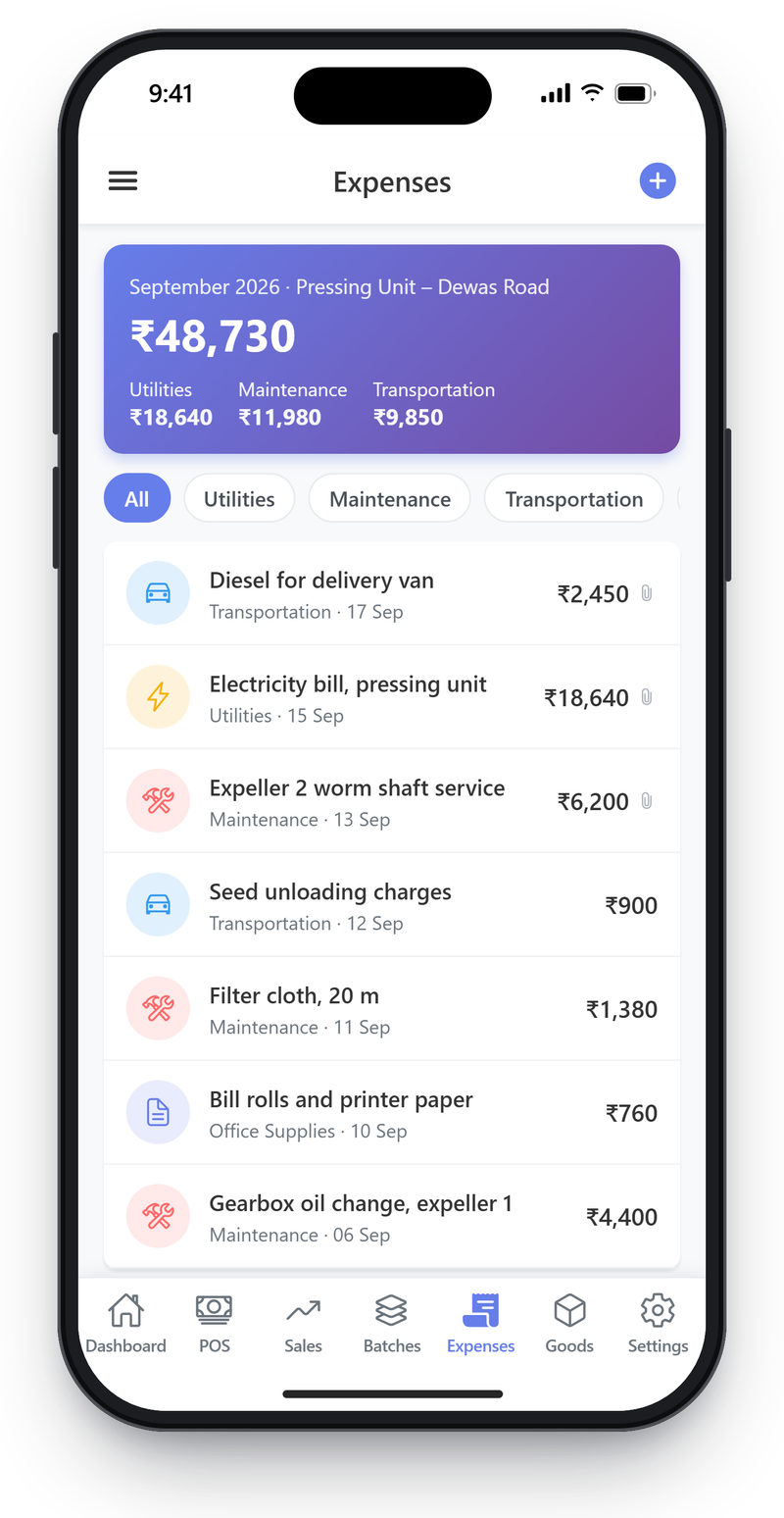 Mobile expenses list for September 2026 with a monthly total, category totals and expenses for utilities, maintenance, transport and office supplies