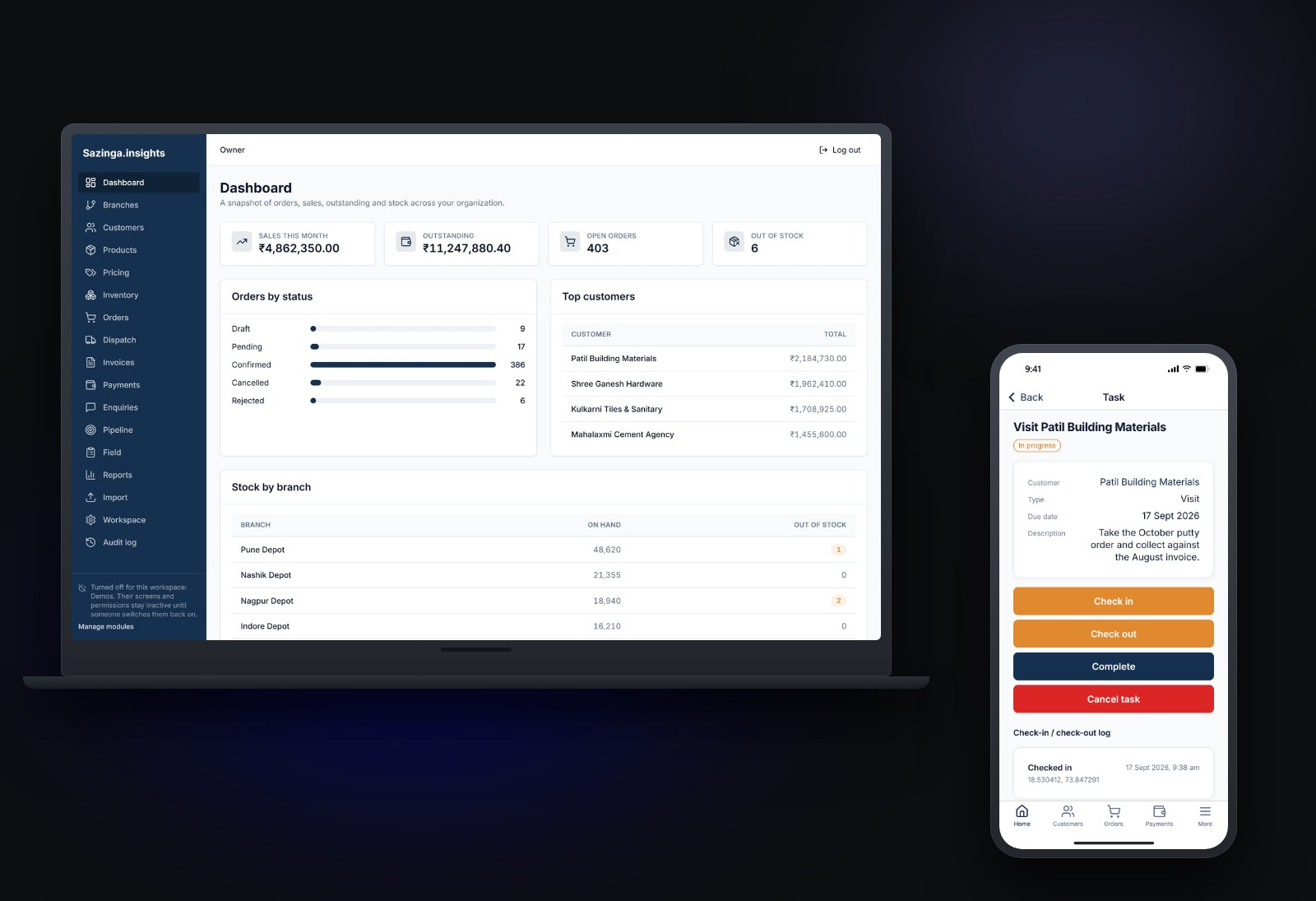 The Field dashboard on a laptop — month sales, outstanding, open orders and stock-outs across the tenant with on-hand stock per depot — beside a dealer visit on a phone, checked in with the time and the coordinates it was made at