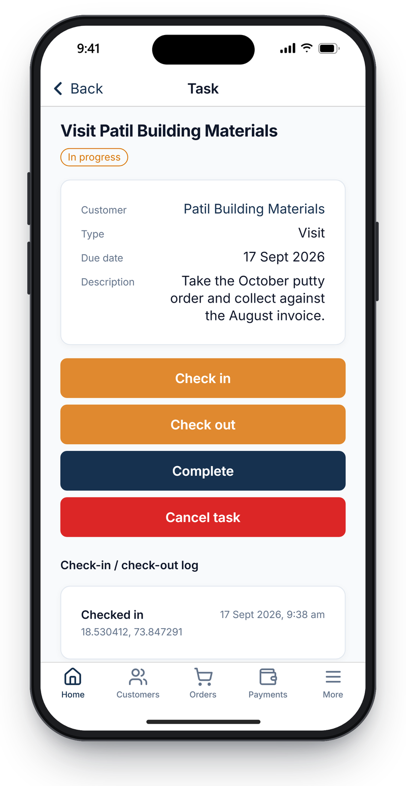 Visit task for a dealer in progress, with check-in, check-out, complete and cancel buttons and a check-in record showing time and coordinates