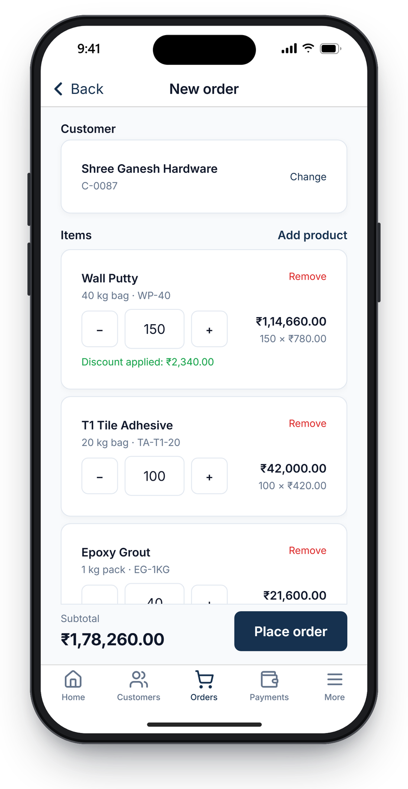 New order screen on the phone with a selected dealer, three product lines with quantity steppers, prices from the dealer's price list, a scheme discount and the subtotal