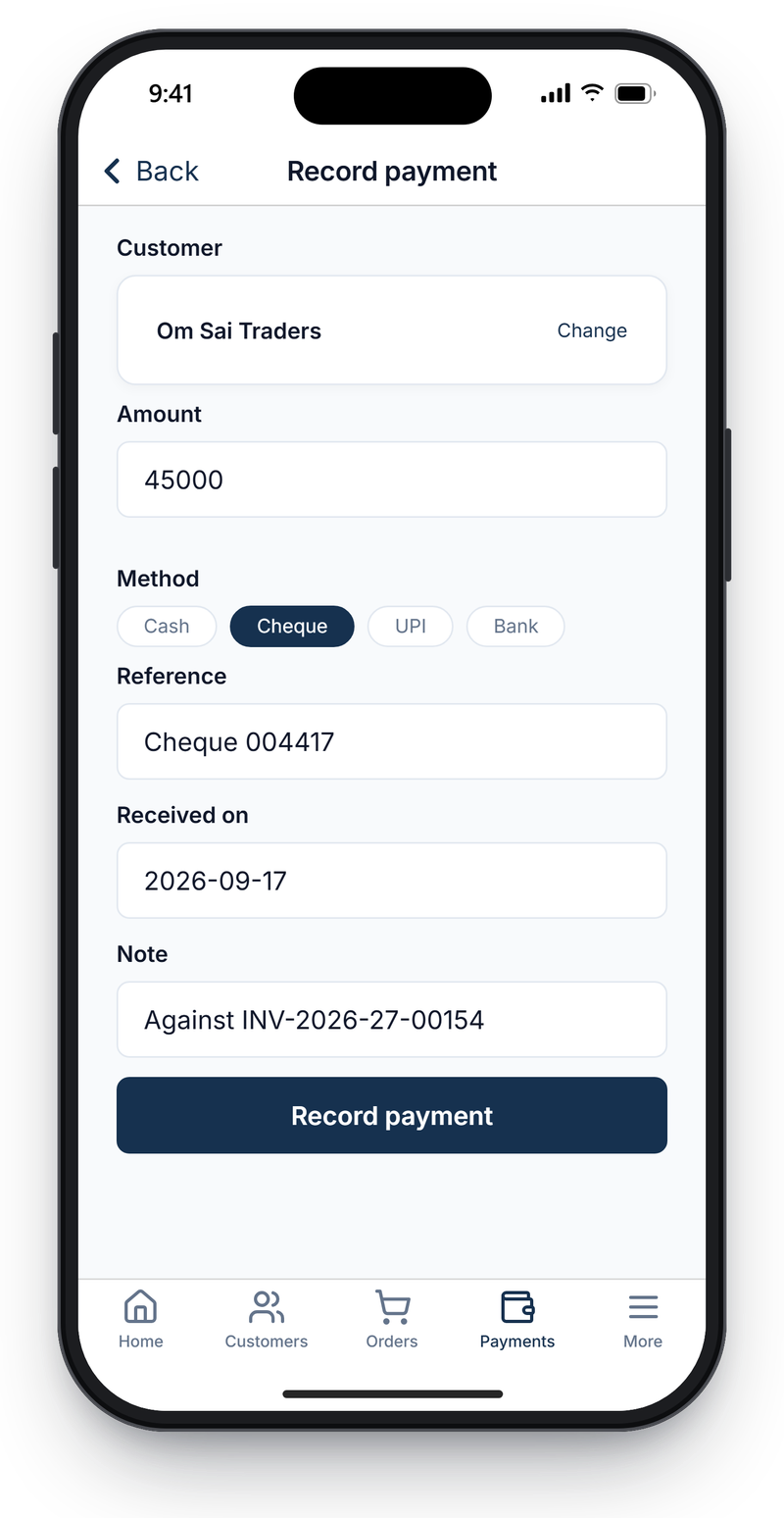 Record payment form with dealer, amount, payment method set to cheque, cheque reference, received date and a note naming the invoice