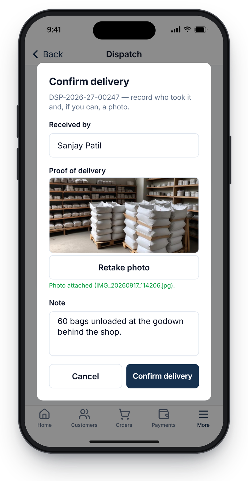 Confirm delivery sheet over a dispatch record, with the receiver's name, a photo of bags unloaded in a store room, and a delivery note