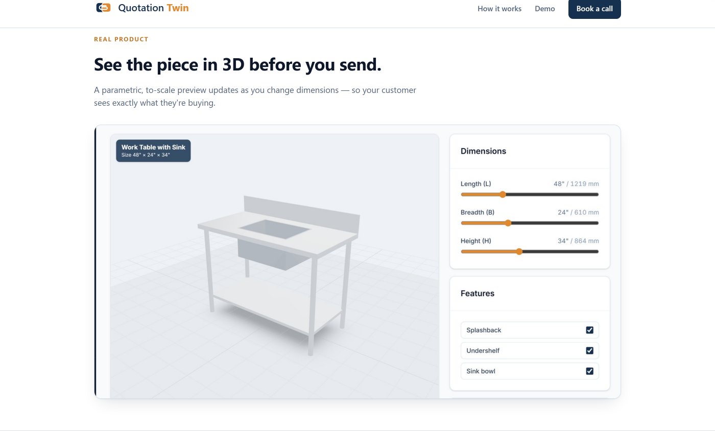Parametric 3D preview of a quoted fabrication item