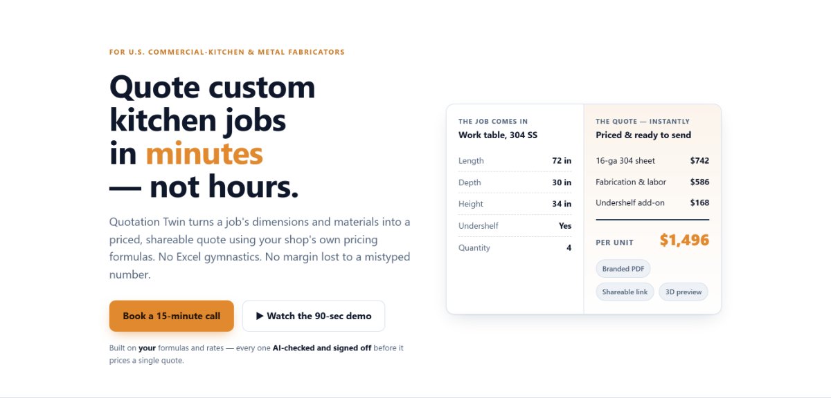 Quotation builder showing a bespoke fabrication quote with line items and pricing