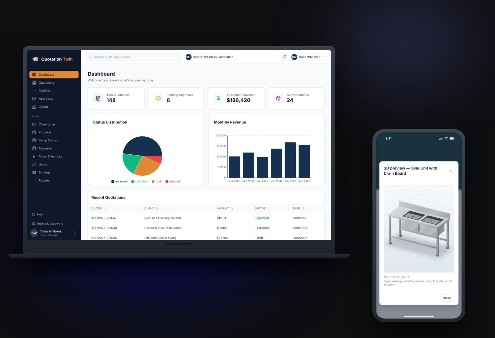 The Quote dashboard on a laptop — quotation count, approvals waiting, revenue by month and the latest quotations — beside a quoted item on a phone, shown in 3D from the customer's own quote link