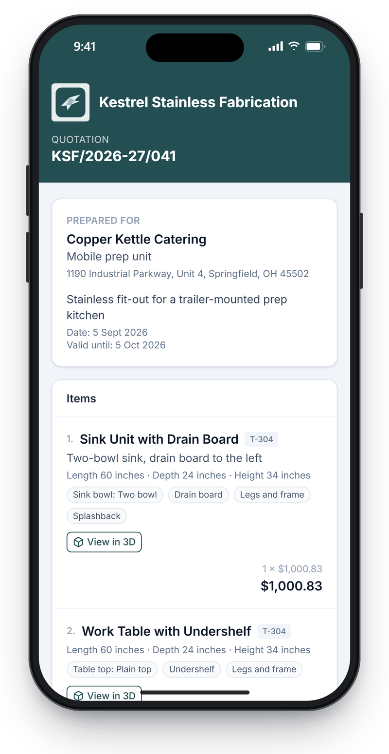 Customer's phone showing a shared quote link with the fabricator's header, who it is prepared for, and priced line items with feature tags and View in 3D buttons