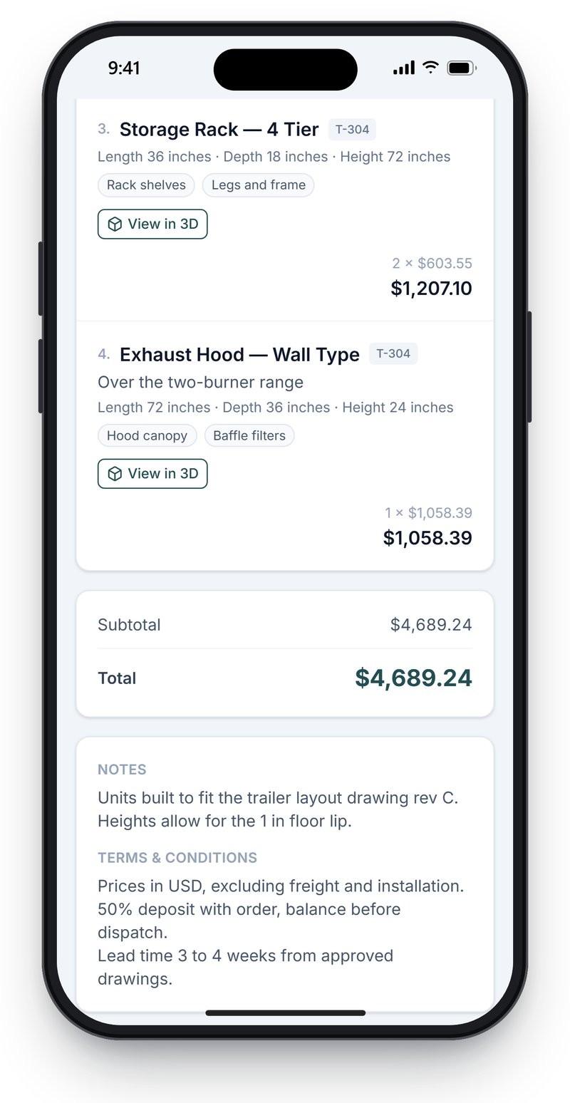 Lower part of the shared quote on a phone with the last two line items, the quotation total, notes and terms