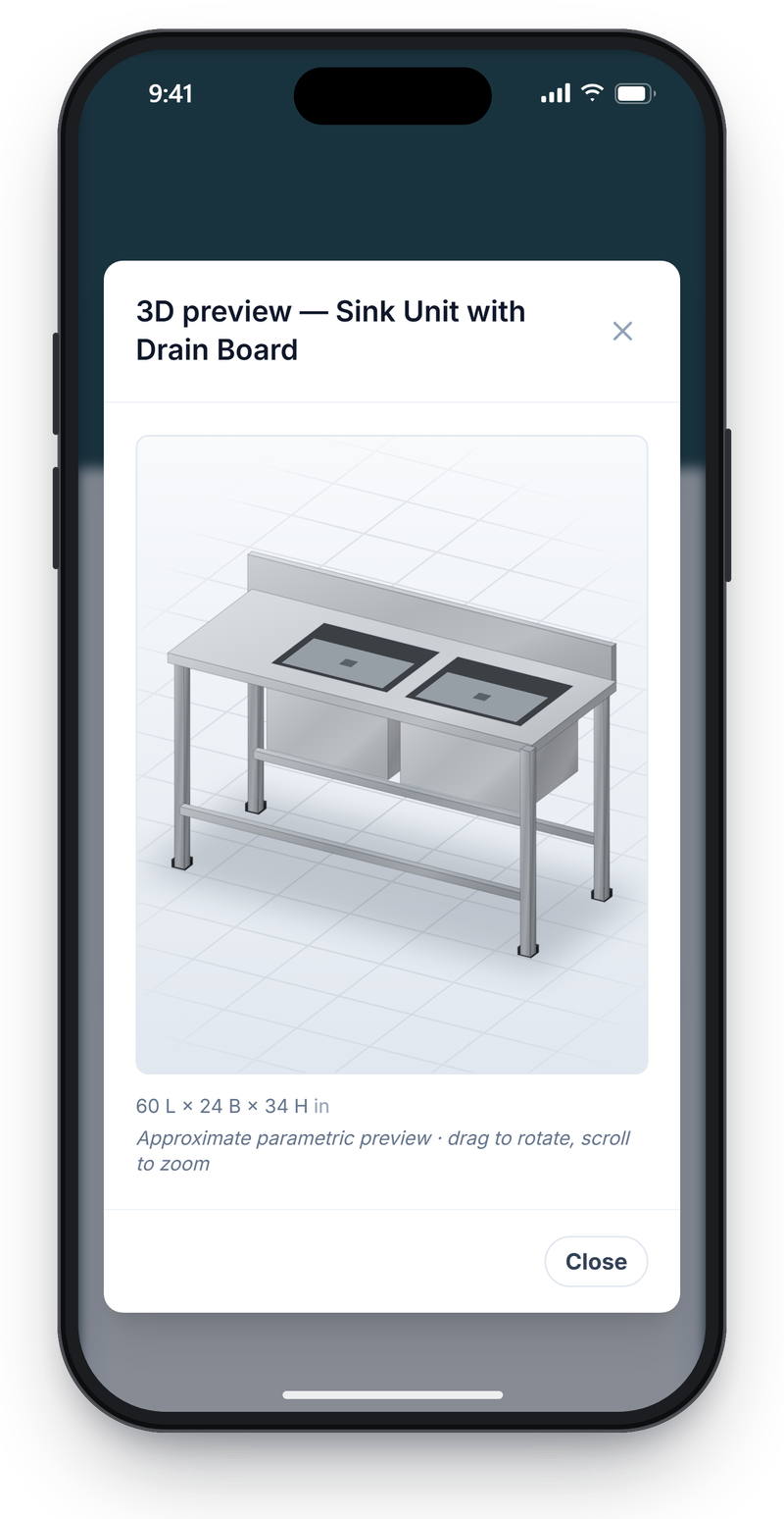 3D preview of a two-bowl sink unit with drain board and splashback, opened from the shared quote on a phone
