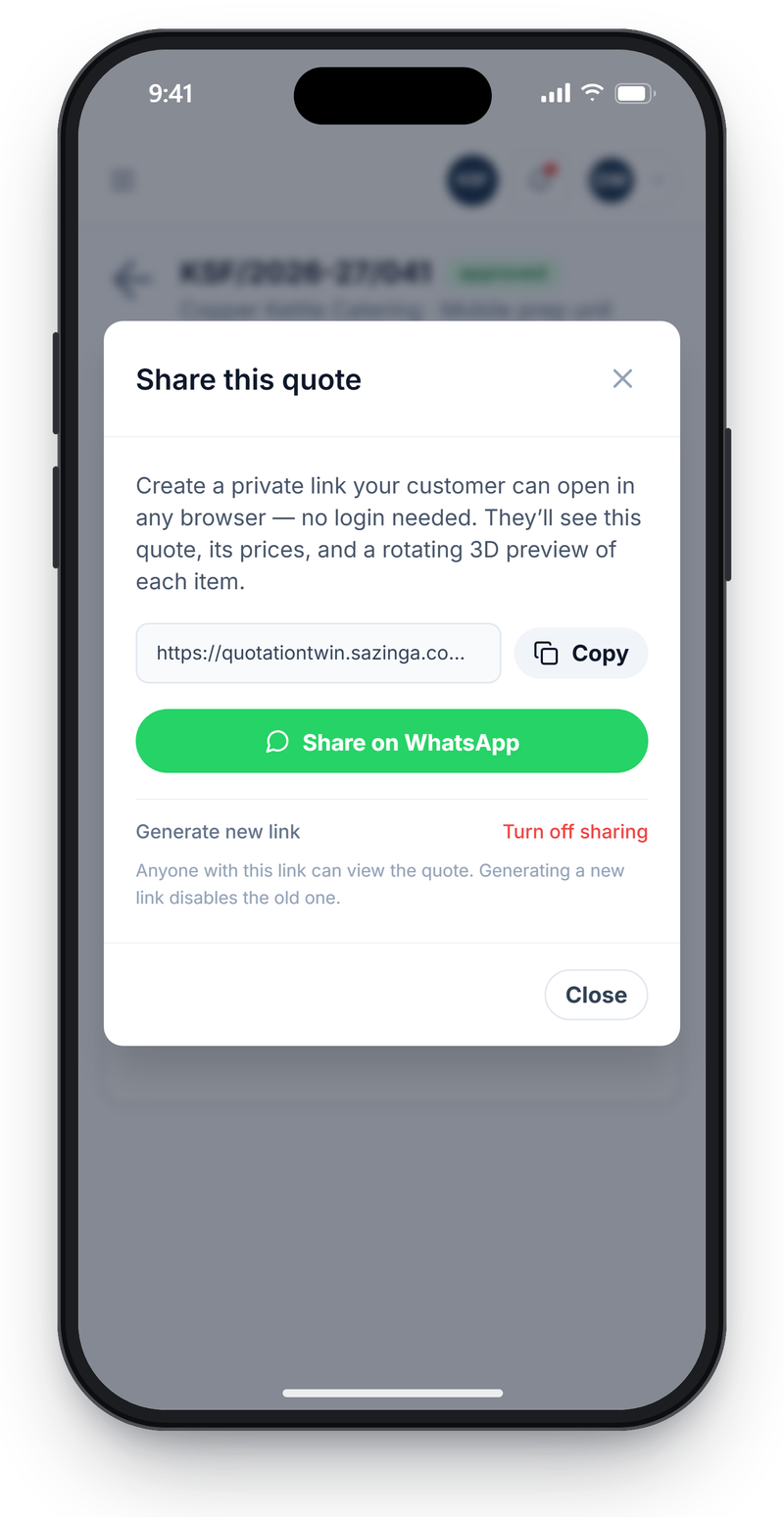 Share this quote dialog on a phone with the private link, a Copy button, a Share on WhatsApp button and options to regenerate or turn off the link