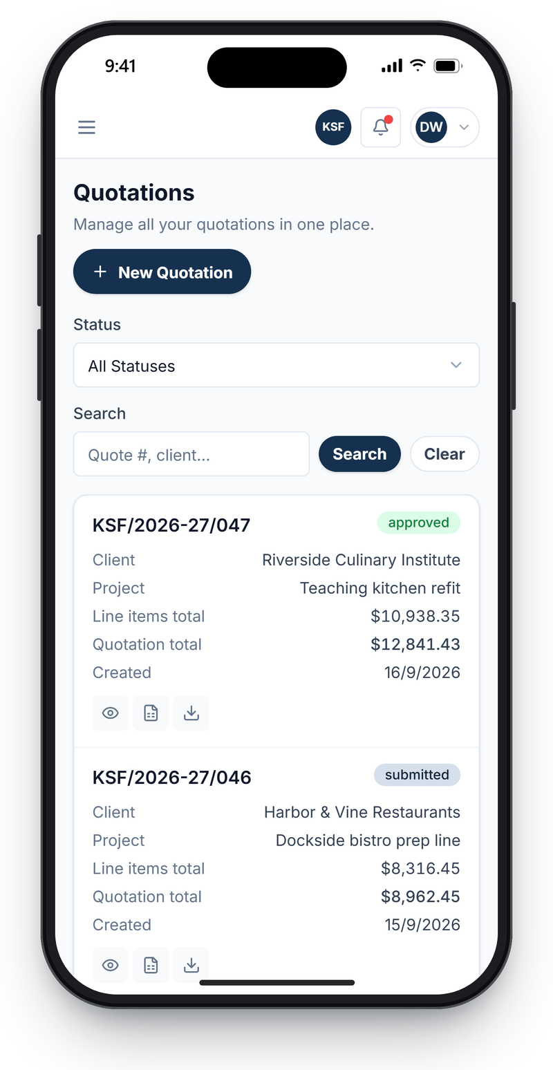 Quotations list on a phone laid out as cards, each with quote number, status, client, project, totals, created date and action buttons