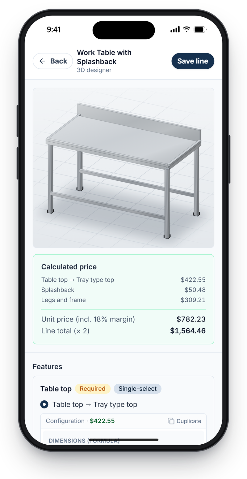 3D designer on a phone with a work table model at the top, the calculated price below it and the table-top dimensions underneath