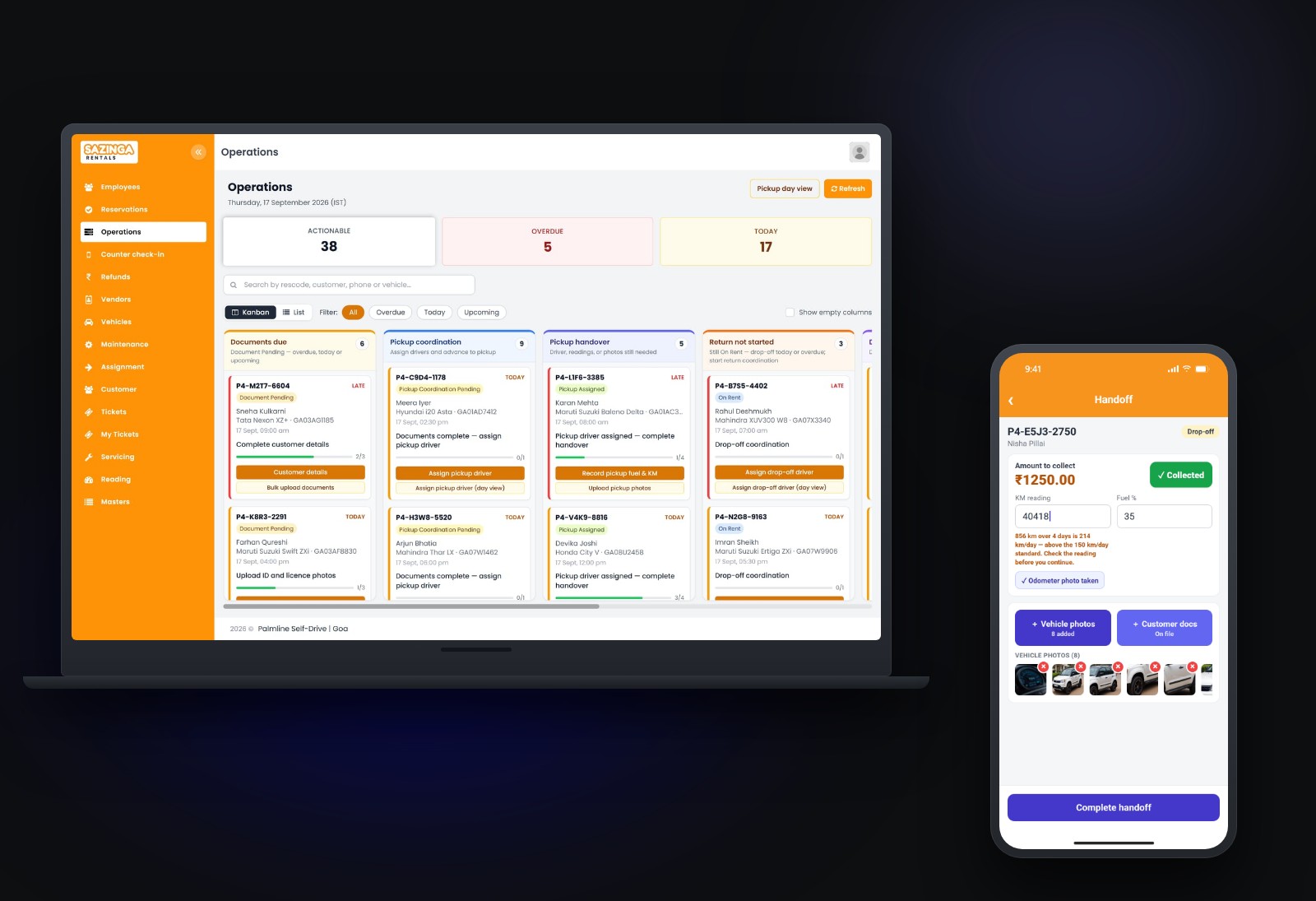 The Rentals operations board on a laptop — every open booking grouped by the step it is waiting on, with late and same-day work flagged — beside the handoff screen on a phone, recording the amount collected, the odometer and fuel reading and the vehicle photographs