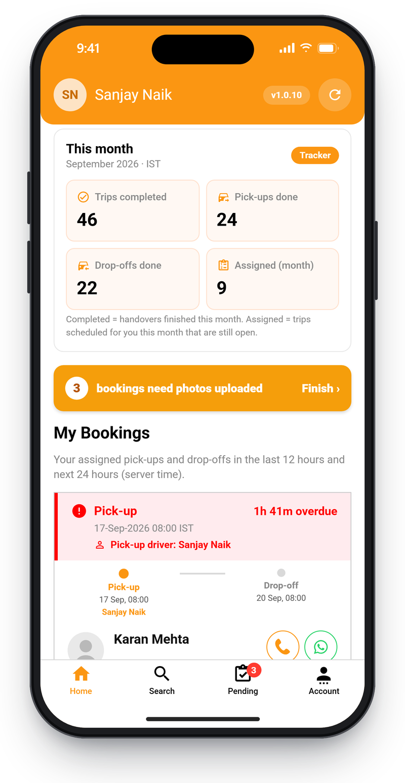 Driver app home screen with the driver's monthly handover counts, a banner for bookings still uploading photos and an overdue pick-up