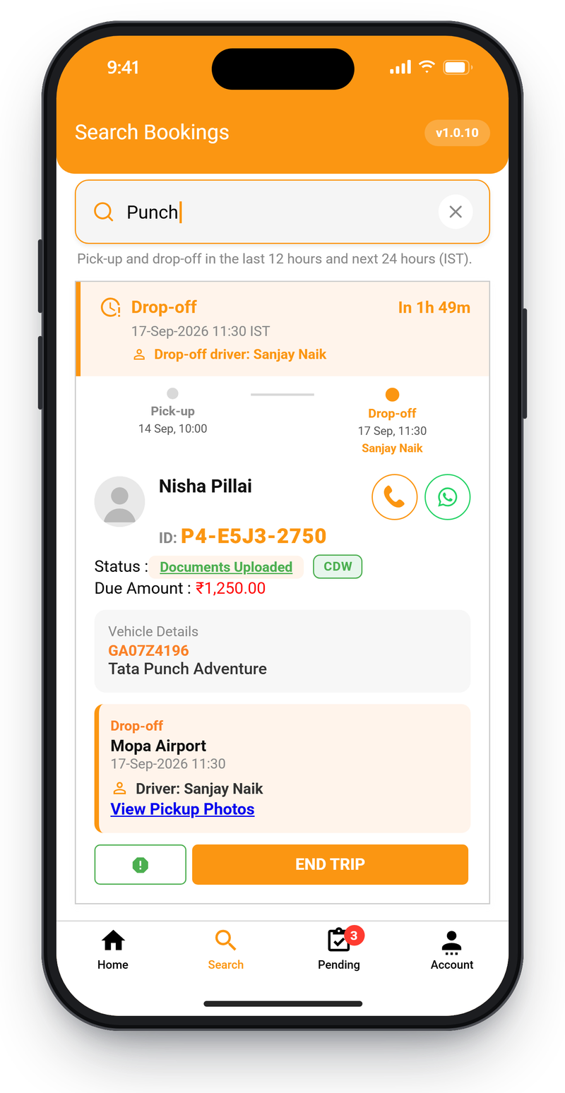 Driver app search results showing a drop-off booking card with timeline, customer contact buttons, amount due and vehicle