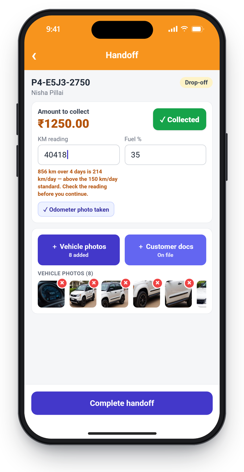 Driver app handoff screen with amount collected, odometer and fuel entry, a kilometre warning and nine vehicle photos
