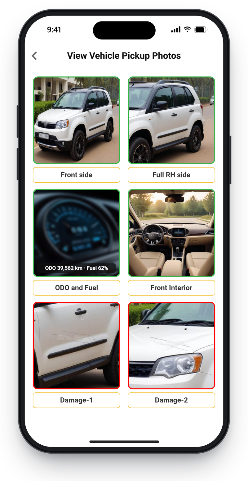 Driver app grid of pickup photos labelled by view, the odometer tile carrying the recorded reading, and the two damage photos outlined in red