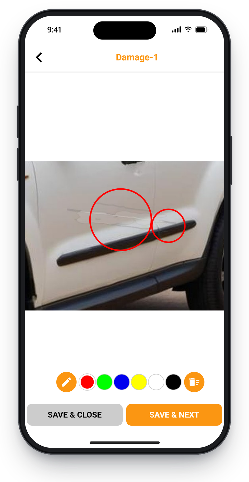 Driver app damage photo with two red circles drawn around scratches, colour choices and save buttons