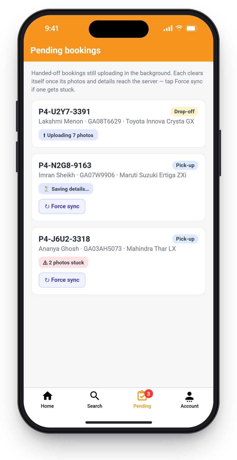 Driver app list of handed-off bookings still uploading, with one saving details and one with photos stuck