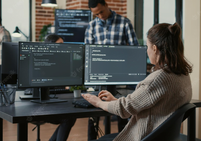 A female developer executing code