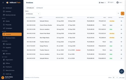 AdBoard Twin invoices screen showing invoice numbers, due dates, amounts paid and outstanding